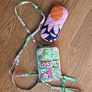 Vera Bradley AdjustableStrap/Clutch Purse Wallet & Quilted Eye Case Bundle of 2